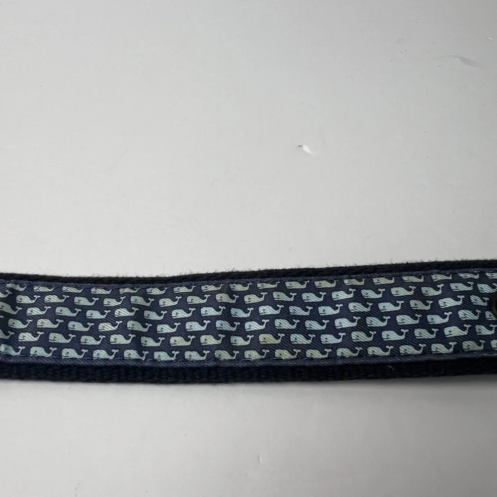 Vineyard Vines Navy Blue Whale Print Kids Belt with Brown Leather Trim